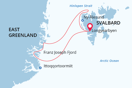 Icebergs, Fjords, Polar bears and Arctic wildlife map route